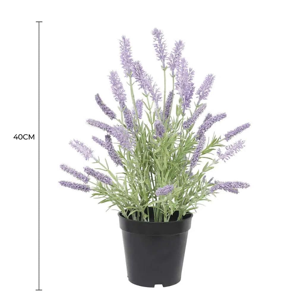 Artificial potted lavender plant by Faux Flora, 40cm tall, with realistic purple flowers and green foliage in a ceramic pot.