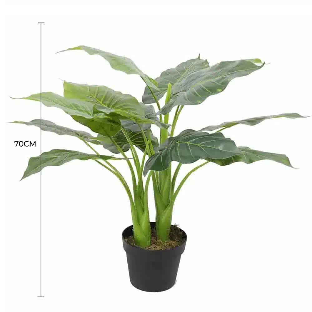 Artificial potted taro plant by Faux Flora, 70cm tall, with large elephant ear leaves in a decorative pot for home and garden decor.