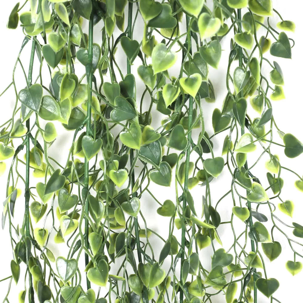 Artificial hanging plant with heart-shaped leaves, UV resistant, 90cm tall from Faux Flora for home and garden decor.