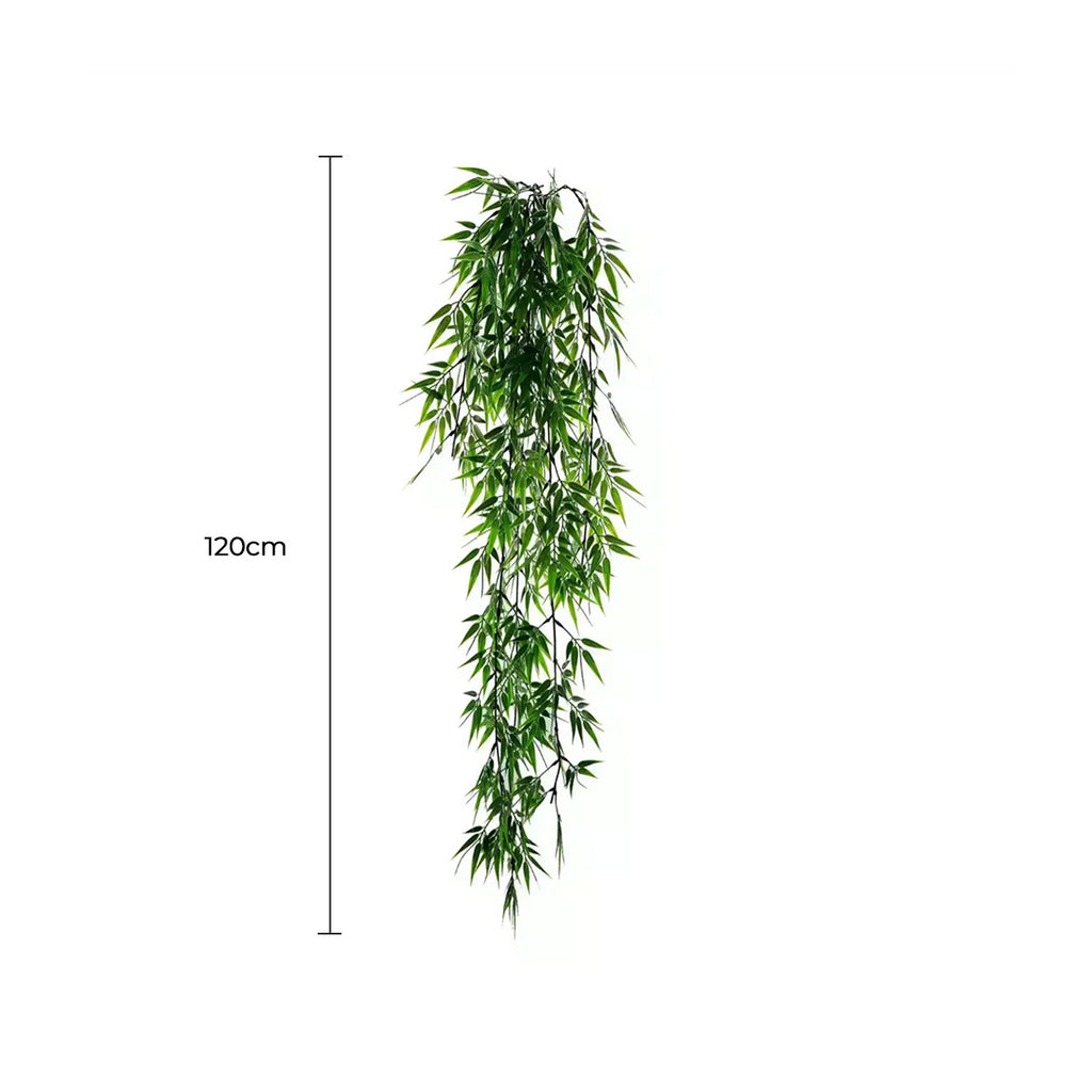 Vivid green hanging artificial Ruscas plant by Faux Flora, UV resistant, 120cm tall, ideal for home or garden decor.