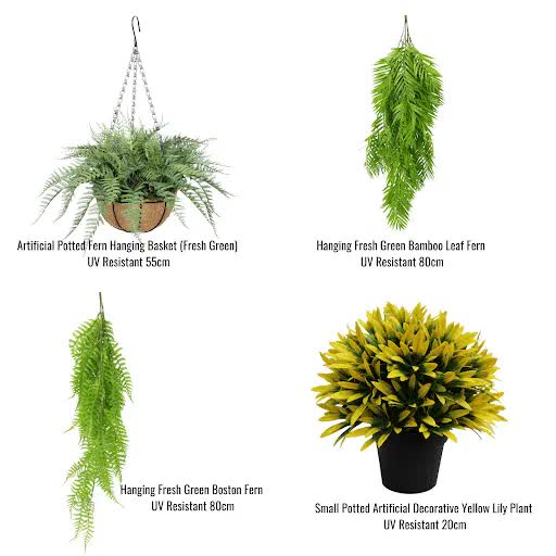 Set of four Faux Flora artificial hanging plants including fern baskets and small potted plants for home decor.
