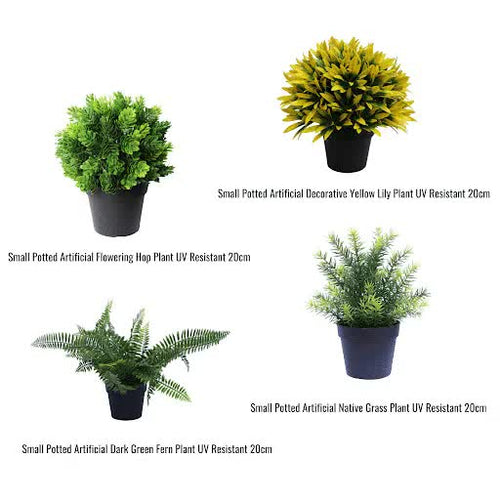 Small potted artificial plants bundle by Faux Flora, UV resistant, 20cm tall, ideal for home and garden décor.