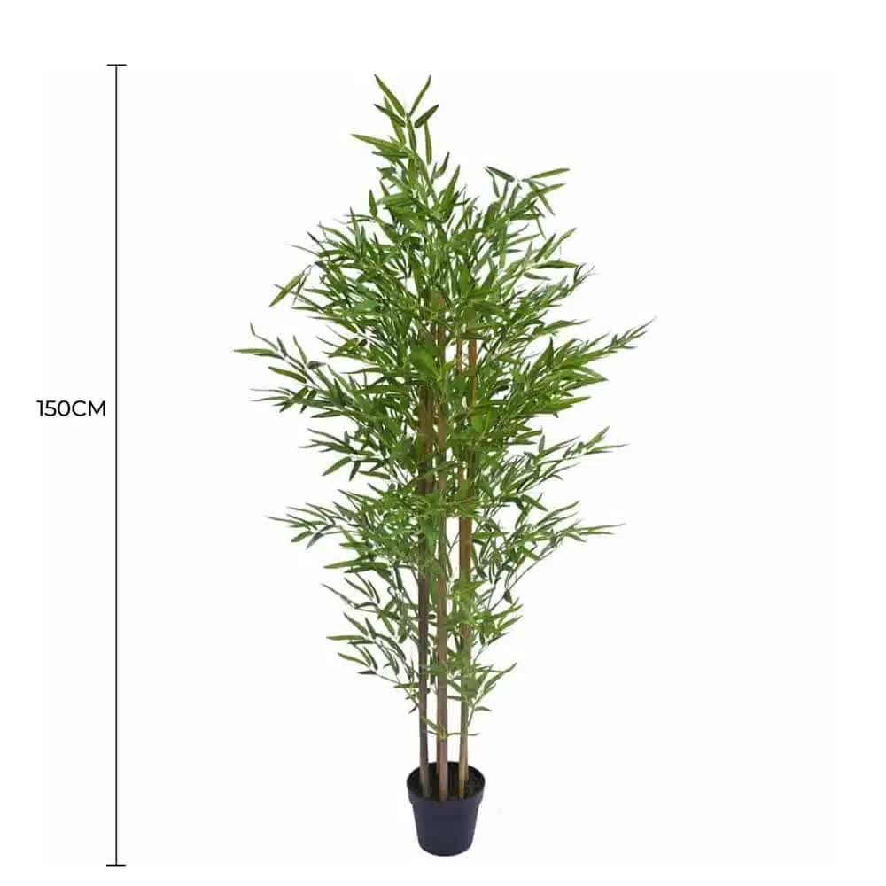 Potted artificial bamboo plant with dimensions on a white background