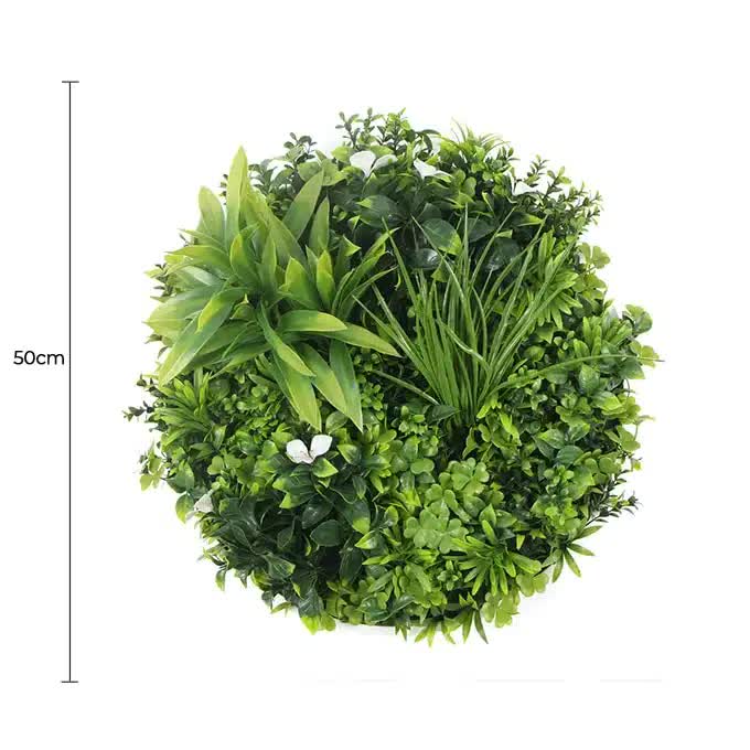 Set of three 50cm white and green flowering wall discs by Faux Flora, UV resistant artificial wall plants for home and garden decor.