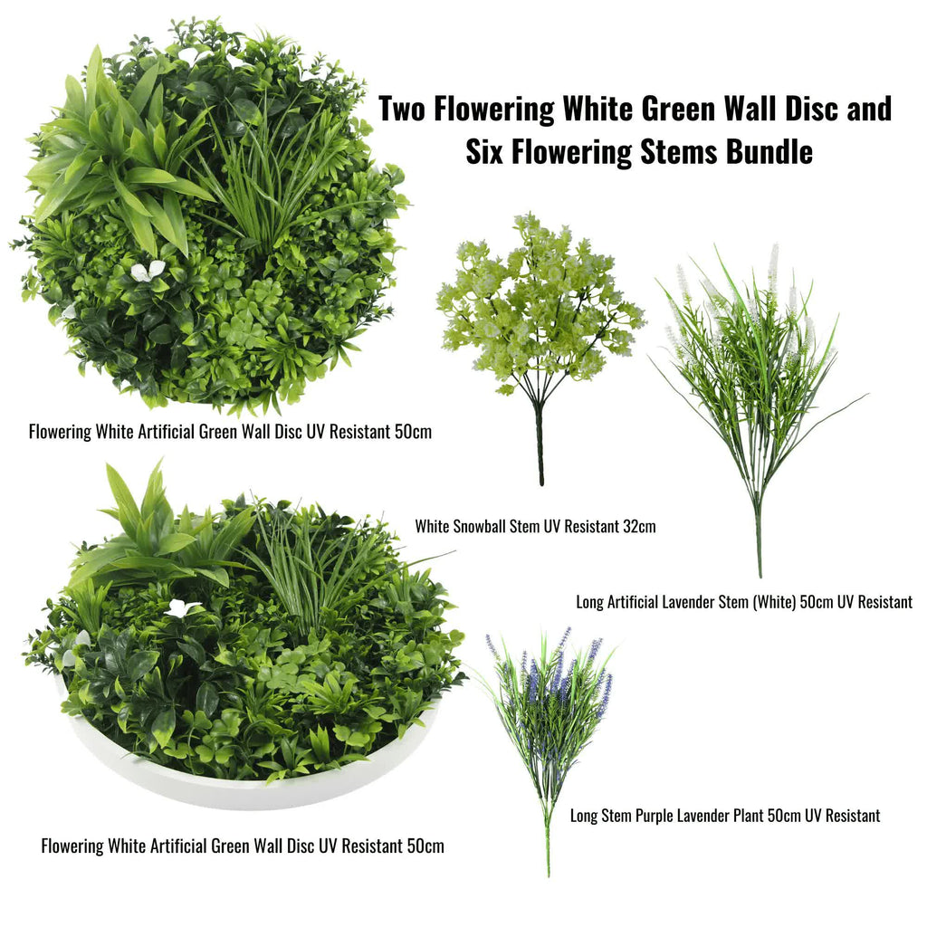 Set of two 50cm flowering white and green wall discs with six flowering stems by Faux Flora, ideal for artificial wall plant decor.
