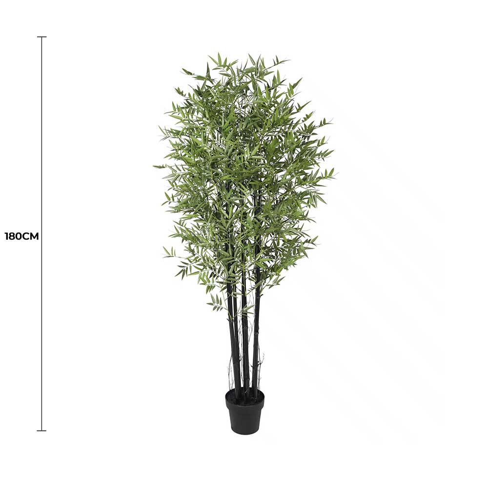 Potted artificial bamboo plant with a height measurement of 180cm on a white background
