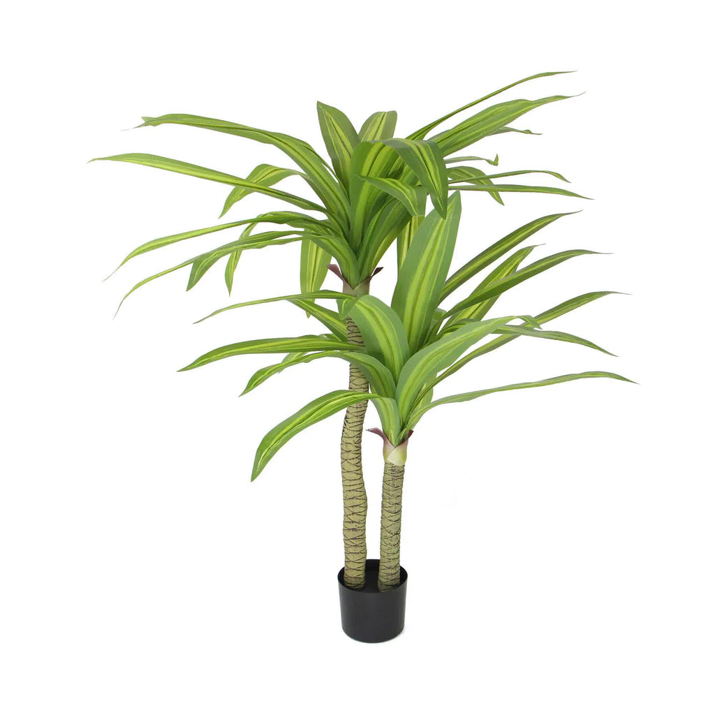 Potted artificial dracaena plant on a white background