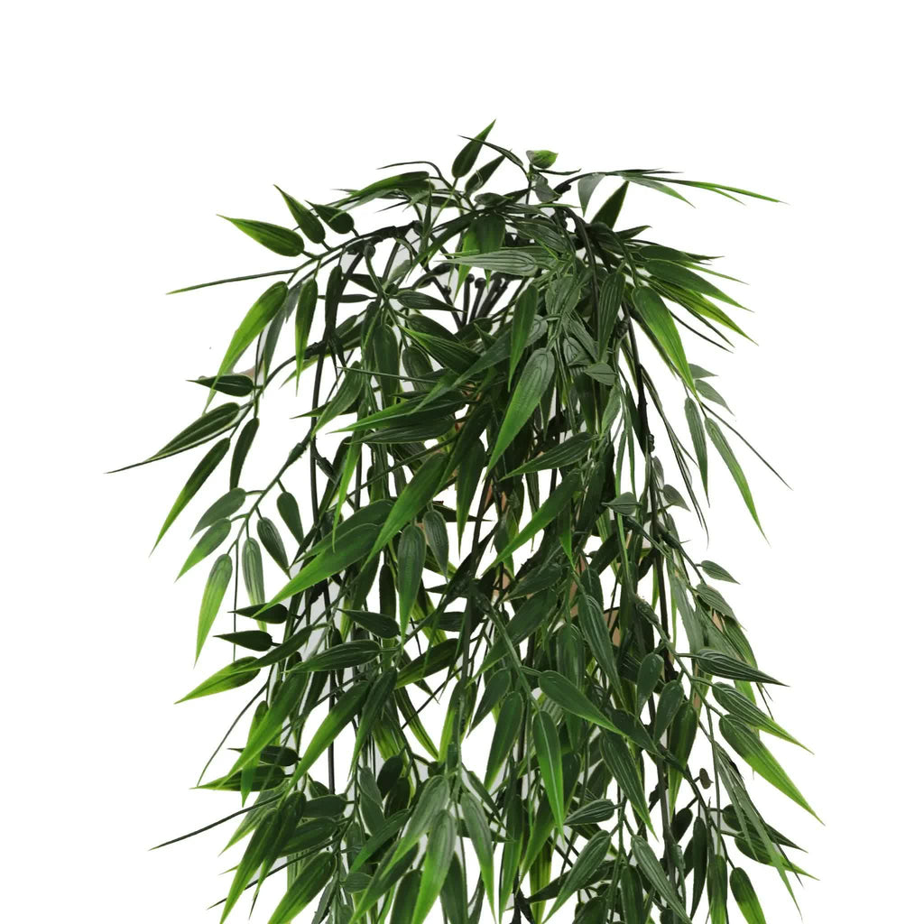 Dark green artificial hanging bamboo leaf garland from Faux Flora, UV resistant, fire rated, 6cm wide for home and garden décor.