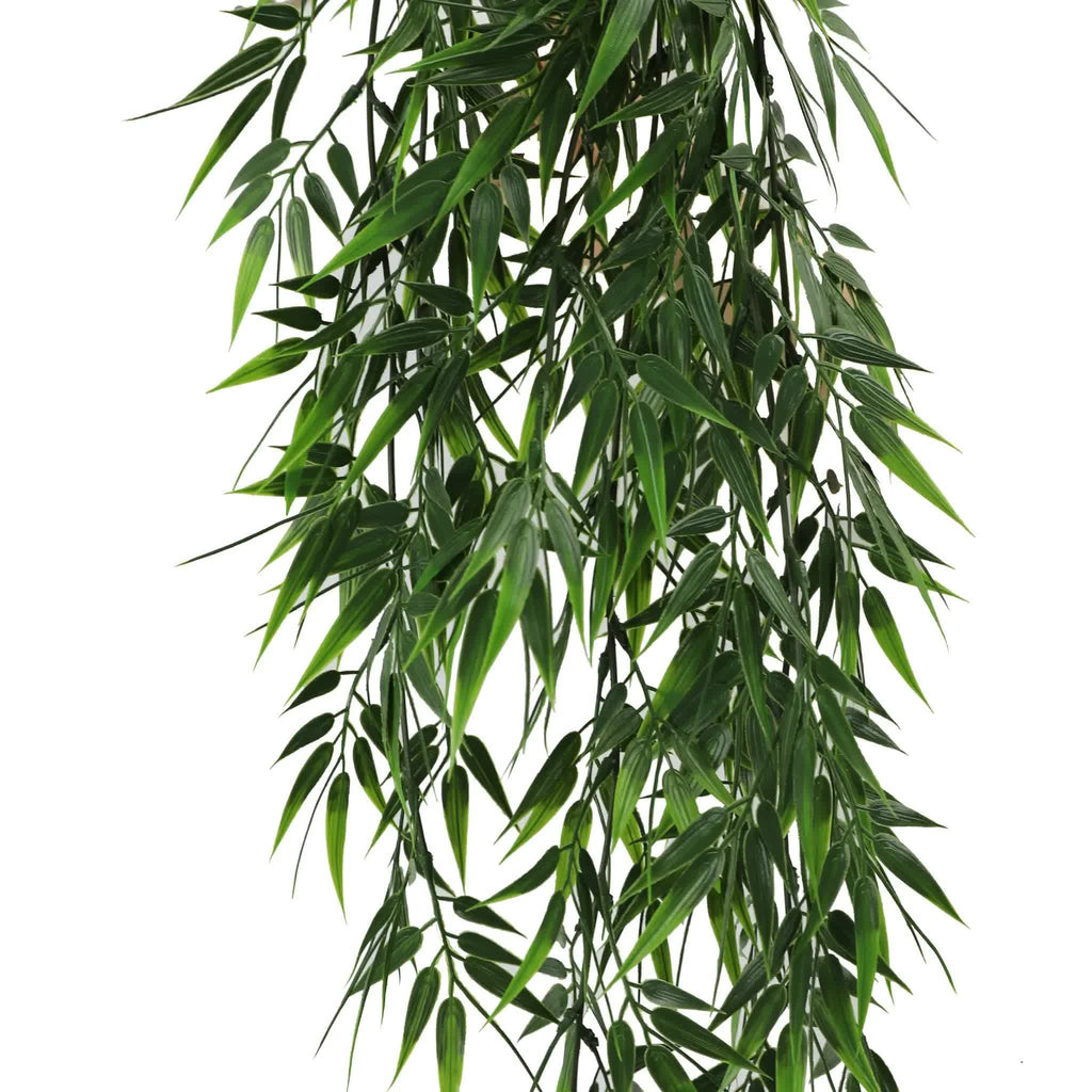 Dark green artificial hanging bamboo leaf garland by Faux Flora, UV resistant and fire rated, 6cm wide for home and garden decor.