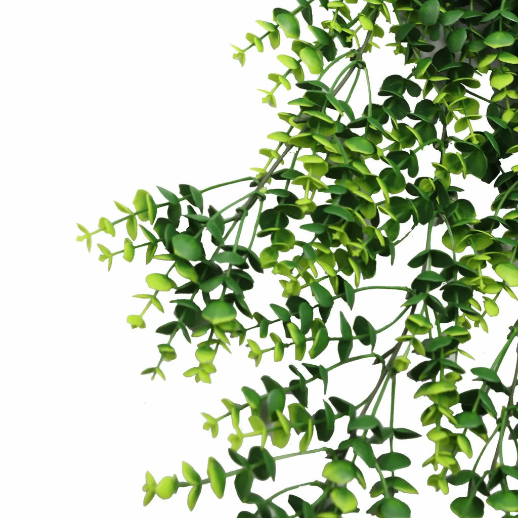Artificial dense hanging eucalyptus garland by Faux Flora, lush green, UV resistant, fire rated, 77cm for home and garden decor.