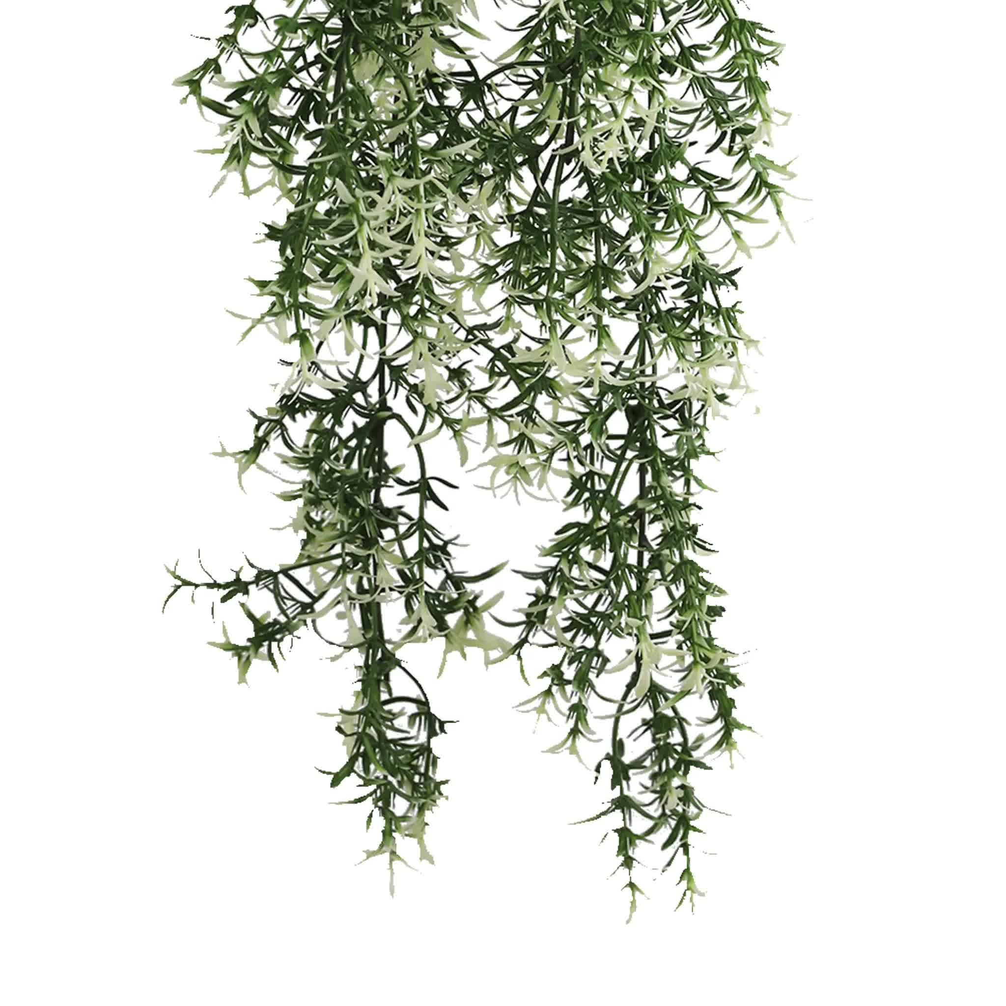 Artificial hanging plant with green leaves on a white background