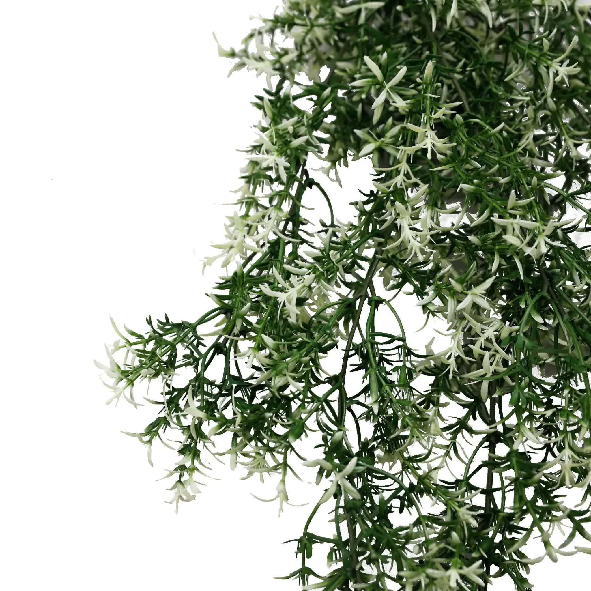 Close-up of a green artificial plant with white flowers on a white background