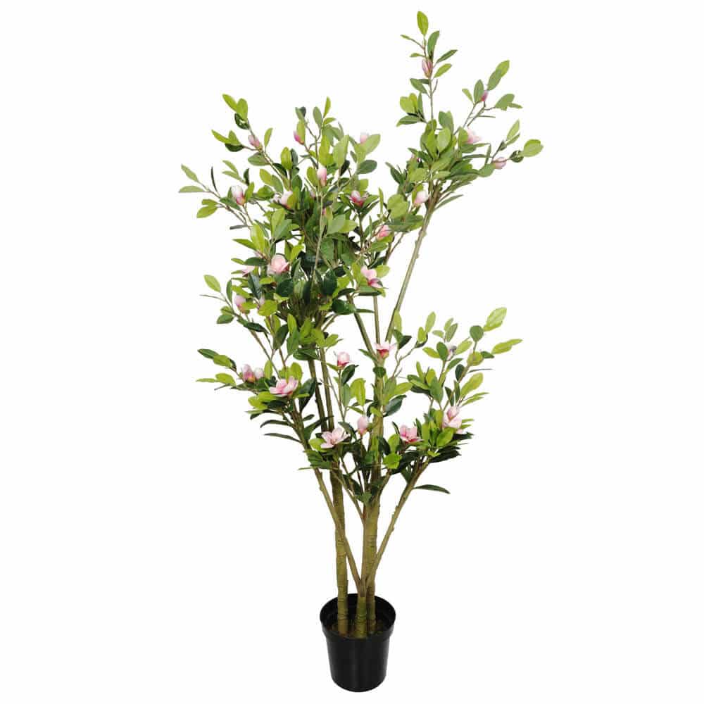 Artificial pink magnolia tree in a pot, 250cm tall, faux flowering plant for home and garden décor by Faux Flora.