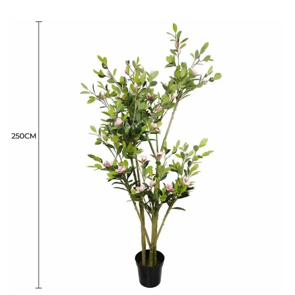 Artificial pink magnolia tree in a pot, 250cm tall, from Faux Flora, ideal for home and garden decor.