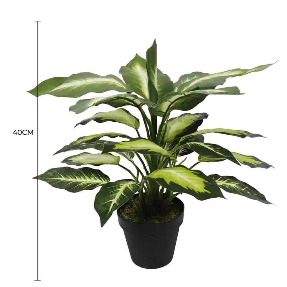 Artificial potted Leopard Lily plant by Faux Flora, 40cm tall, lush green dieffenbachia in a decorative pot for home or garden decor.