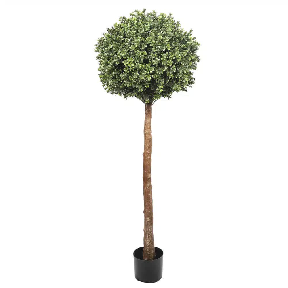 Artificial topiary tree with green leaves in a pot on a white background