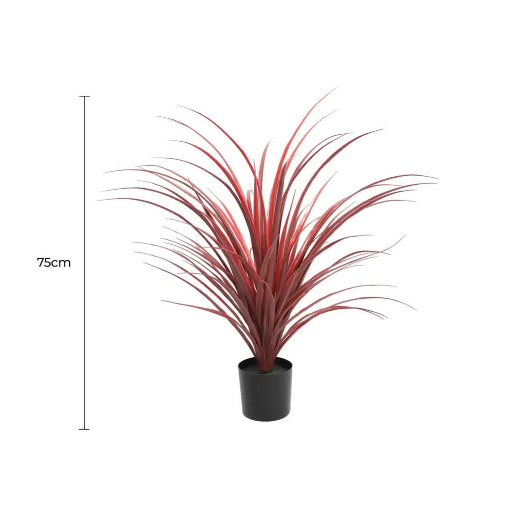 Burgundy potted artificial long grass (Yucca Grass) by Faux Flora, UV resistant, 75cm tall, suitable for home and garden decor.