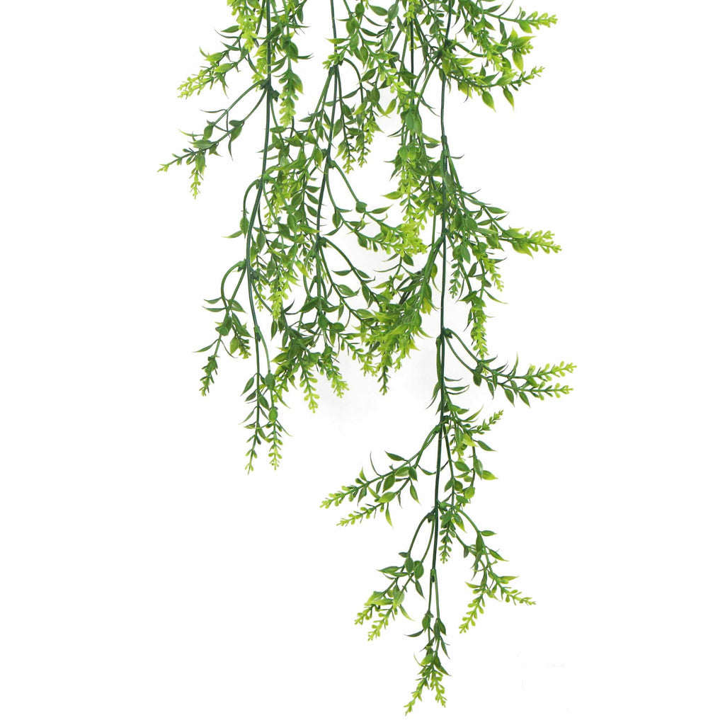 Artificial dense hanging evergreen plant with two-tone leaves, UV resistant, 130cm tall, by Faux Flora, for home and garden décor.