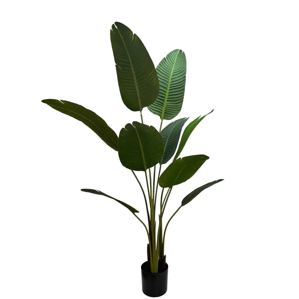 Artificial Travellers Palm tree in a pot, 120cm tall, faux flora home and garden decorative plant with lush green fronds.