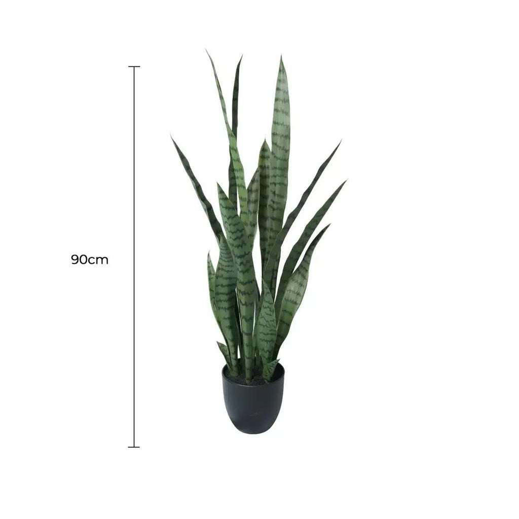 Artificial Snake Plant Sansevieria by Faux Flora, UV resistant, 90cm tall, potted indoor plant with green, sword-shaped leaves.