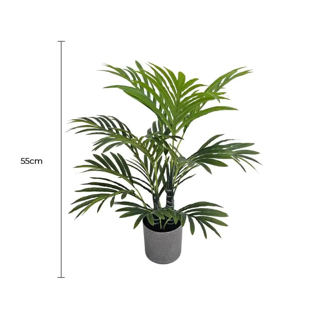 Artificial mini palm tree in a pot by Faux Flora, 55cm tall, perfect for home and garden decor.