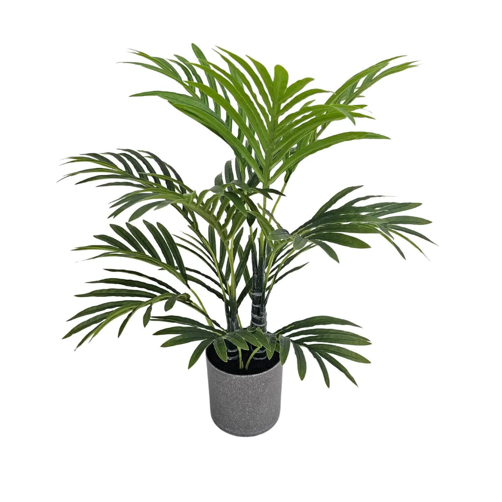 Artificial mini palm tree in a pot by Faux Flora, 55cm tall, perfect for home and garden decor.