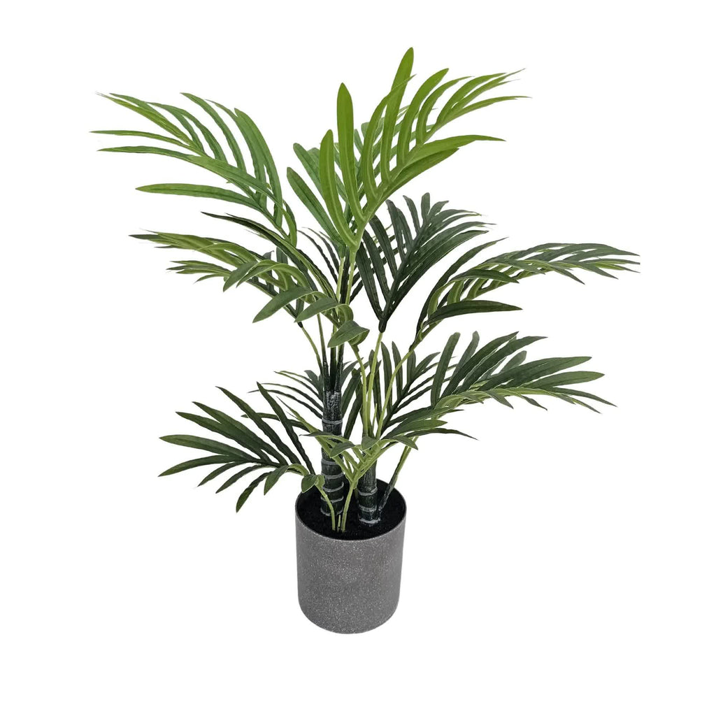 Artificial mini palm tree in a pot, 55cm tall, faux flora brand, ideal for home and garden decor, realistic green leaves and natural appearance.