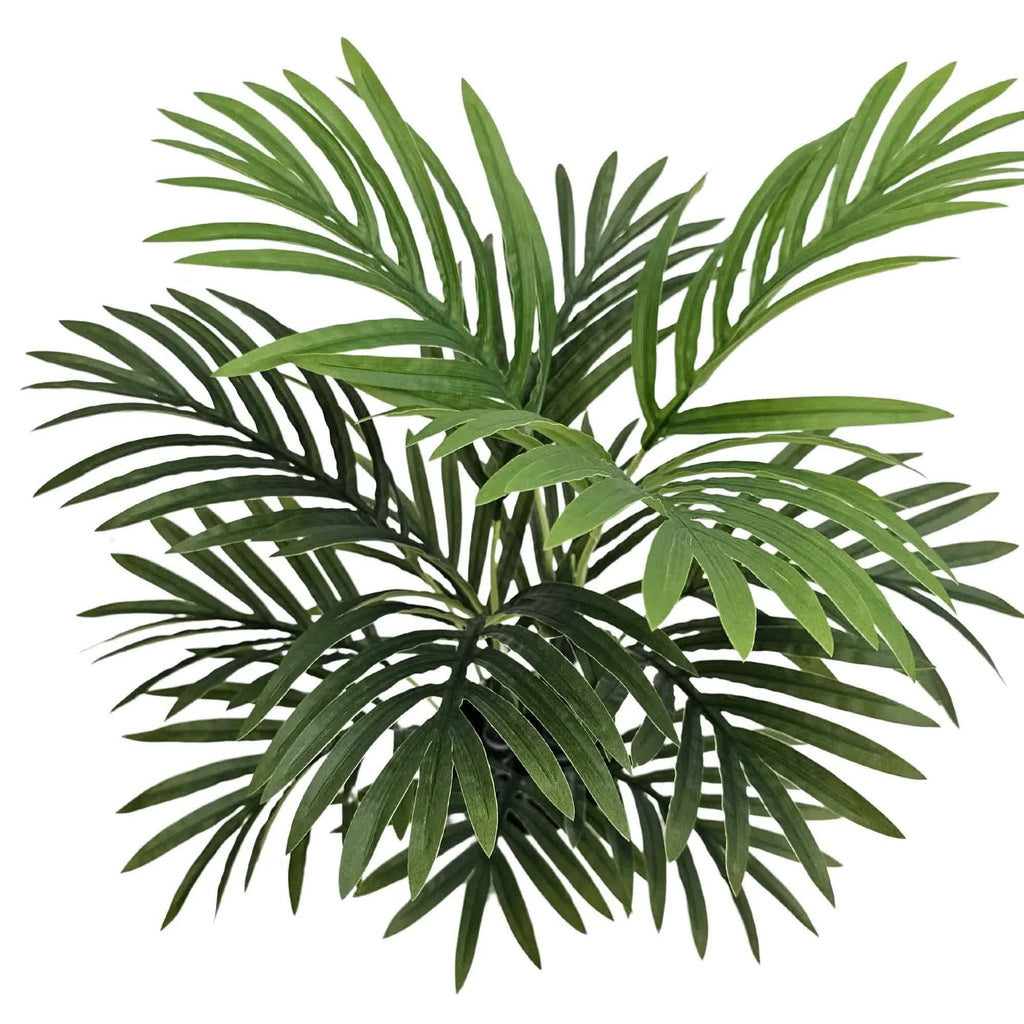 Artificial mini palm tree from Faux Flora, 55cm tall, potted for home and garden decoration, realistic faux plant.