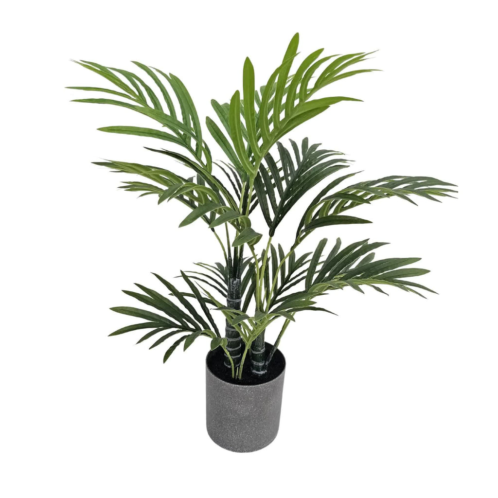 Artificial mini palm tree by Faux Flora in a pot, 55cm tall, ideal for home and garden decor.