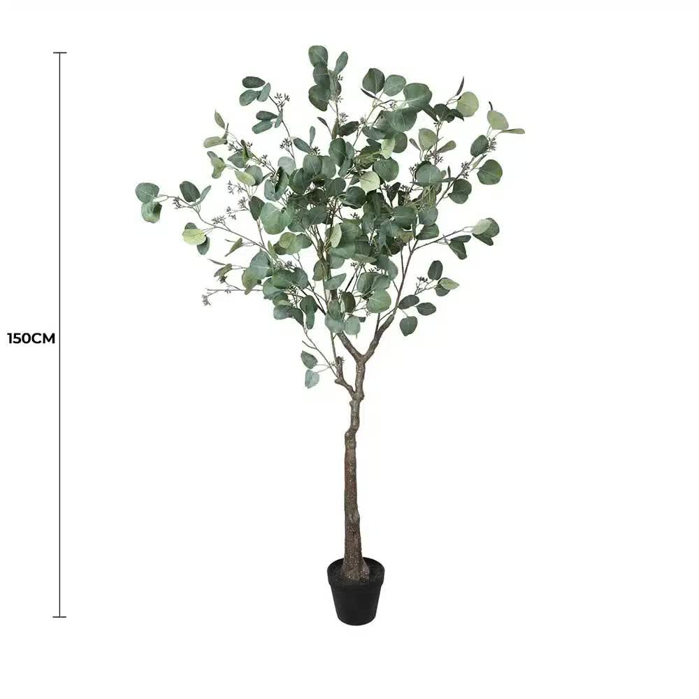 Artificial eucalyptus tree with a pot on a white background, showing a measurement of 150cm.