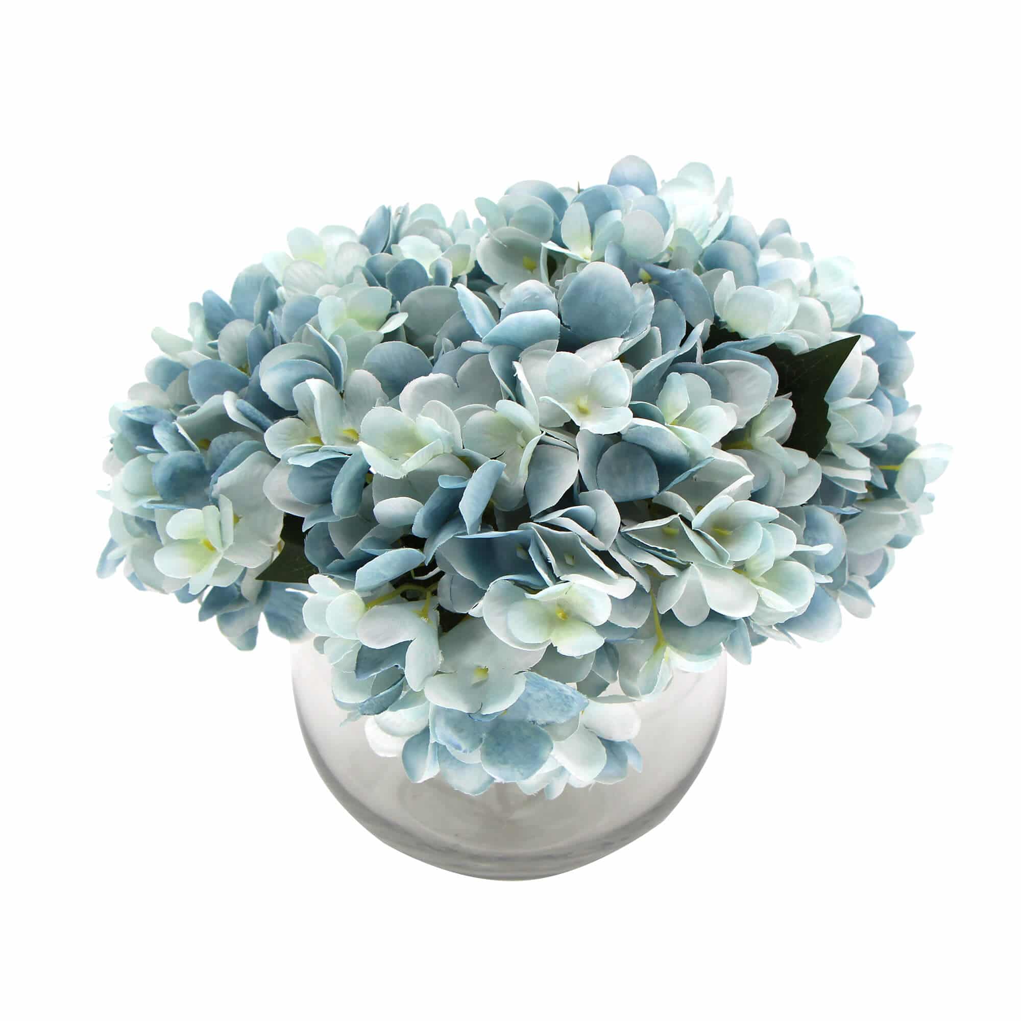 Artificial blue and white hydrangea flower arrangement in a clear vase on a white background
