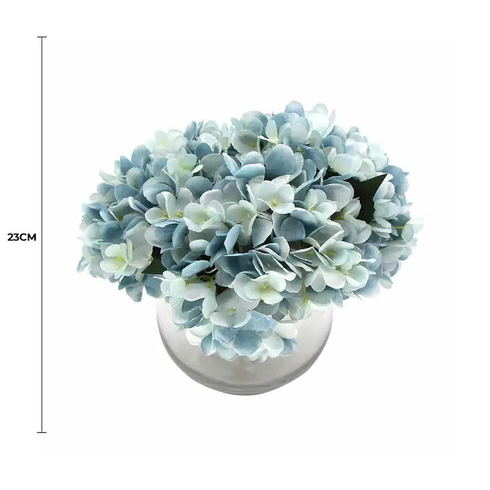 Artificial hydrangea flower ball with a white pot on a white background, showing measurement '23CM'.
