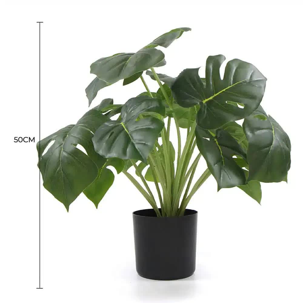 Dense potted artificial Monstera Deliciosa plant with real touch leaves, 50cm tall, from Faux Flora, ideal for home and garden decor.