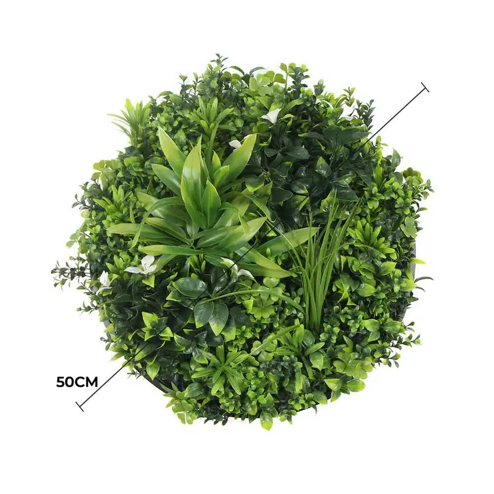 White artificial flowering green wall disc with black frame, UV resistant, 50cm, ideal for home and garden wall decor.