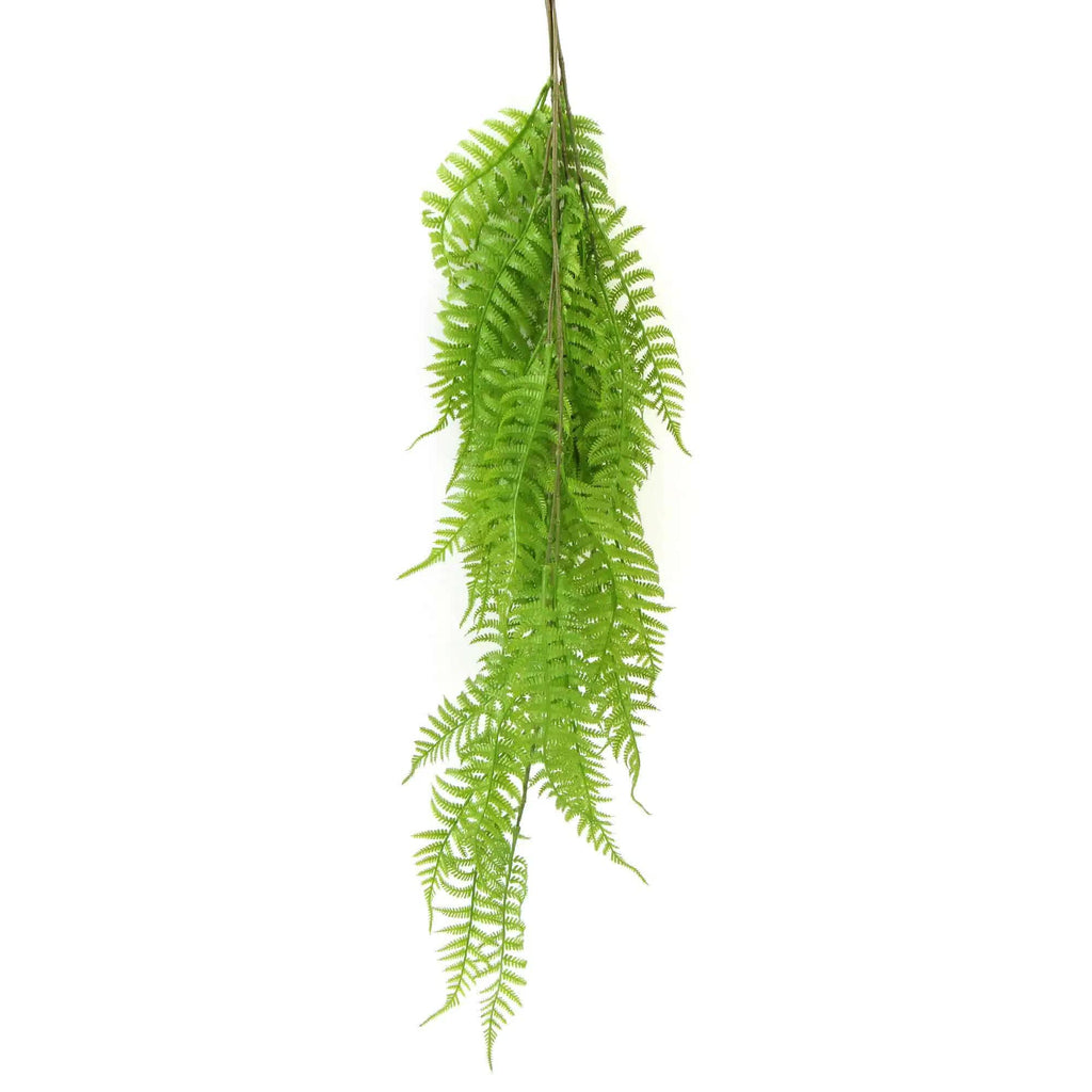 Artificial hanging Boston fern from Faux Flora, UV resistant green fern with lush fronds, 85cm tall for home and garden decor.
