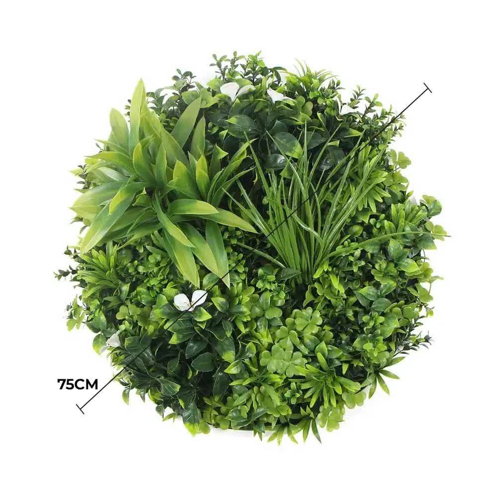 White frame flowering white artificial green wall disc by Faux Flora, UV resistant 75cm wall plant for home and garden decor.