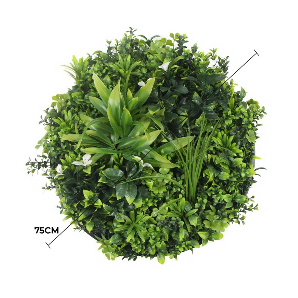 Slimline white flowering artificial green wall disc with black frame, UV resistant, 75cm for home and garden decor by Faux Flora.
