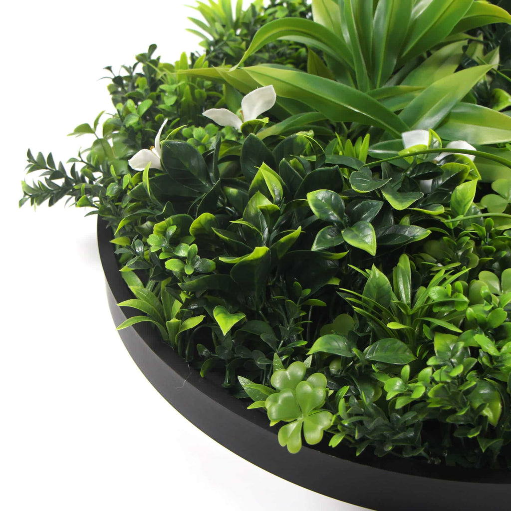 Slimline flowering white artificial green wall disc by Faux Flora with black frame, UV resistant, 75cm for home and garden decor