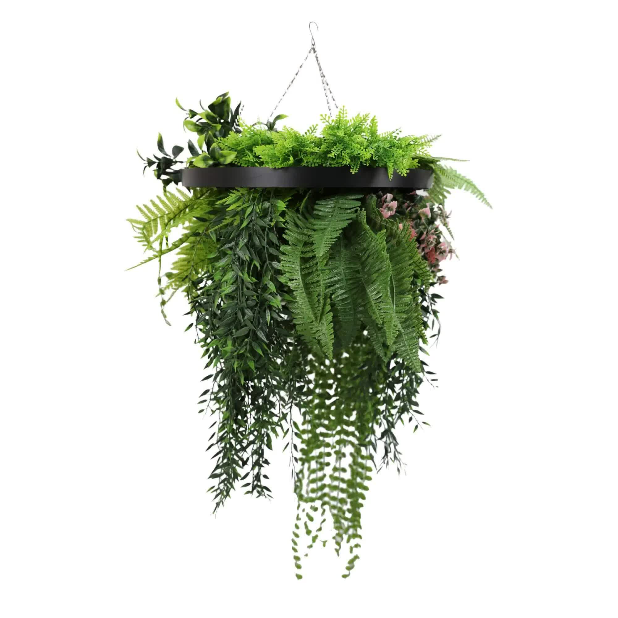 Artificial hanging plant disc in black frame, UV resistant, 40cm diameter, faux greenery for home and garden decor by Faux Flora.