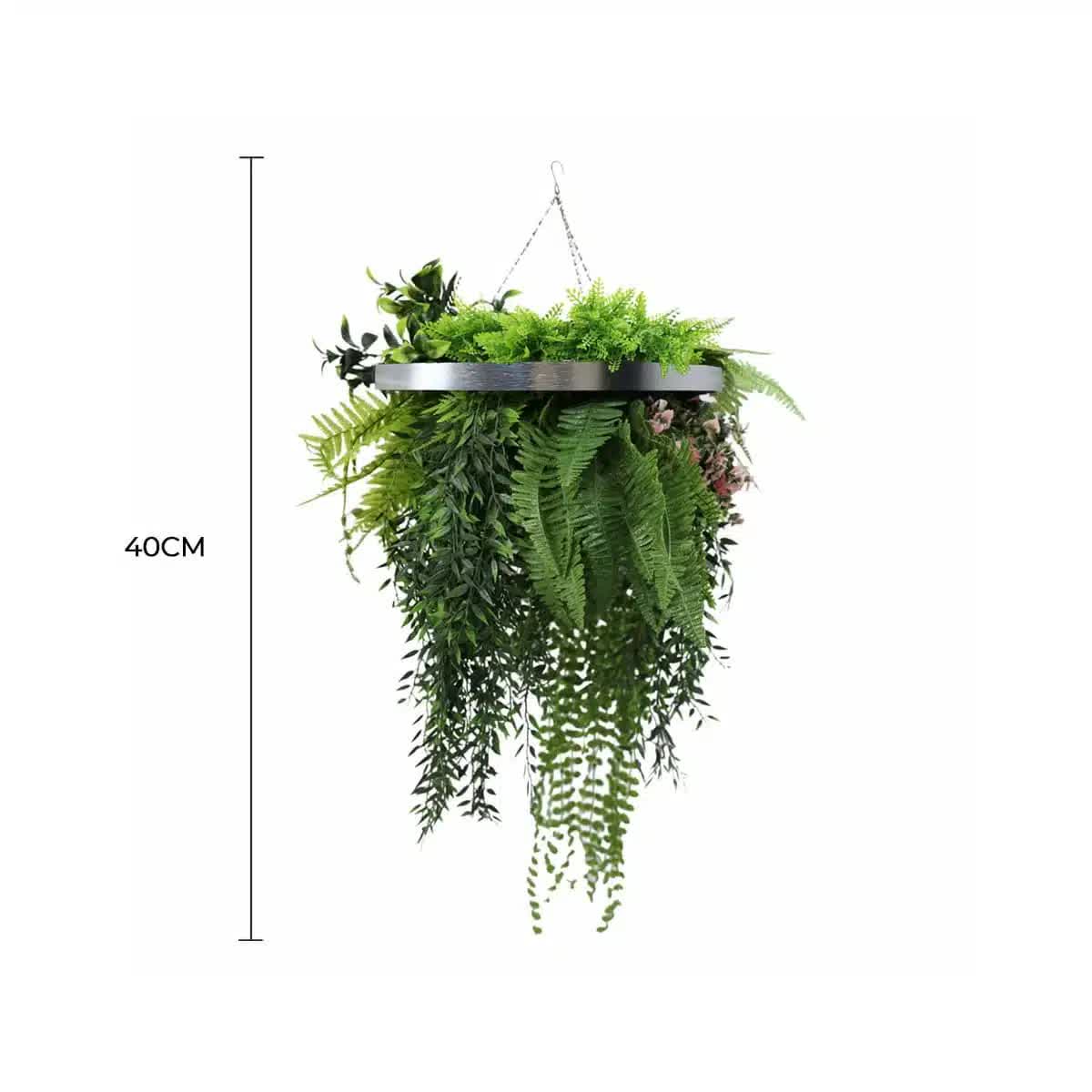 Artificial hanging plant disc by Faux Flora in black frame, UV resistant, 40cm diameter, ideal for home and garden decor.