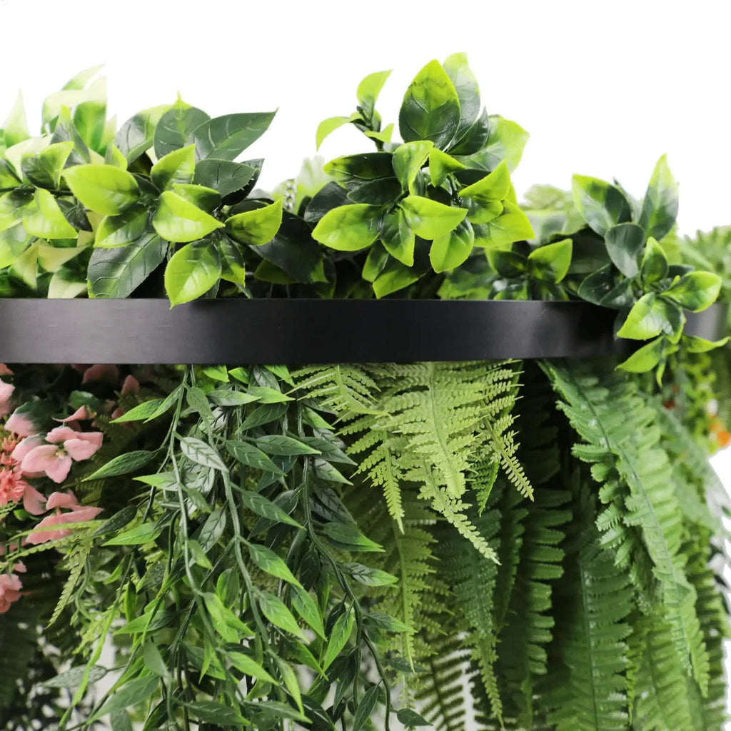 Black frame hanging artificial plant disc from Faux Flora, UV resistant 40cm decorative faux hanging plant for home and garden.