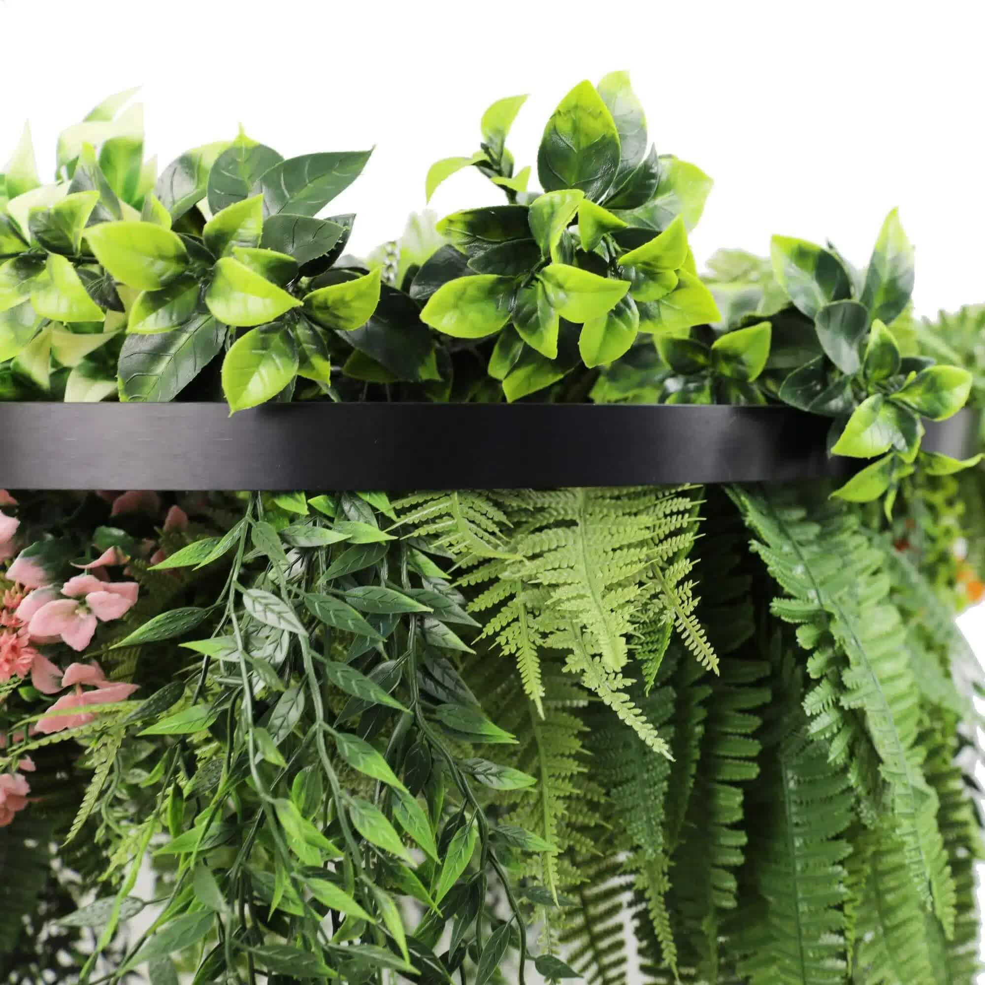 Black frame hanging artificial plant disc from Faux Flora, UV resistant 40cm decorative faux hanging plant for home and garden.