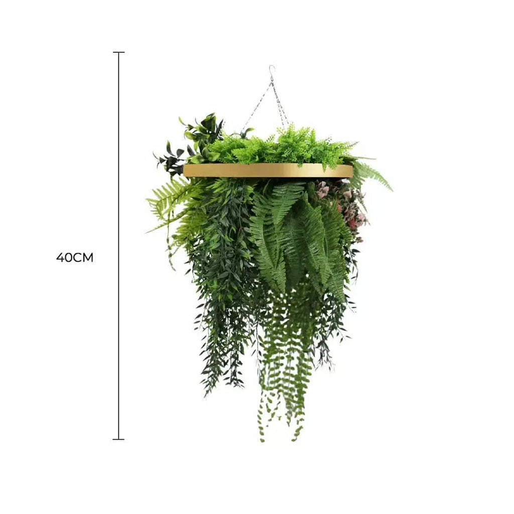Hanging plant basket with green leaves and a gold rim, labeled 40cm on a white background.