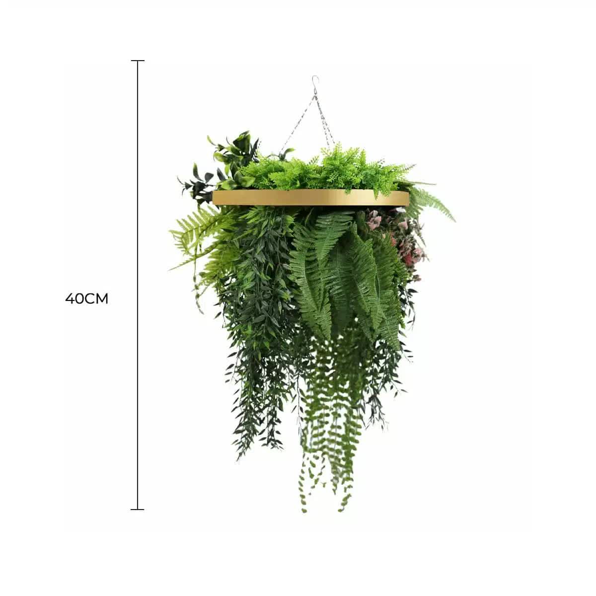 Hanging plant basket with green leaves and a gold rim, labeled 40cm on a white background.
