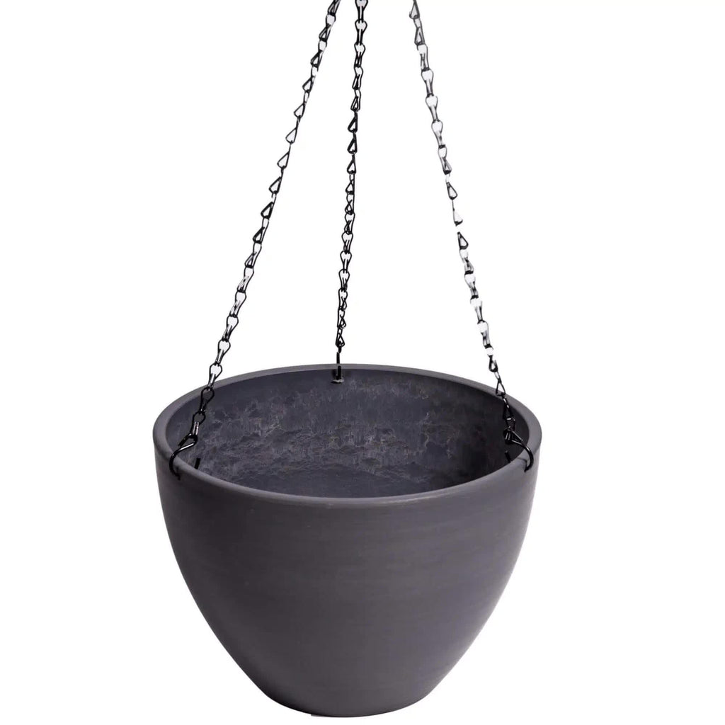 Grey plastic hanging plant pot with chain, 30cm, suitable for artificial hanging plants in home and garden decor.