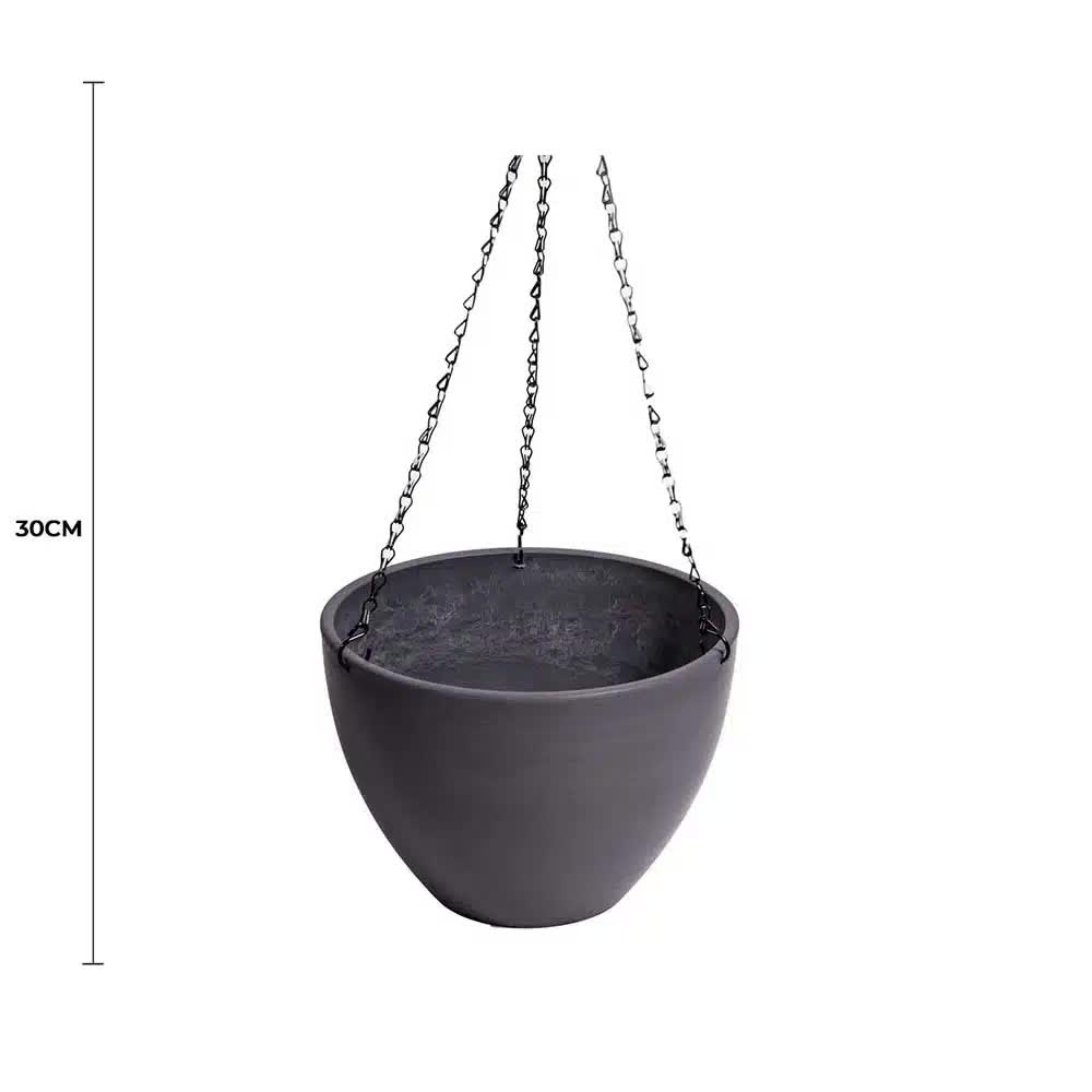 Grey plastic hanging plant pot with chain, 30cm, suitable for artificial hanging plants in home and garden decor.