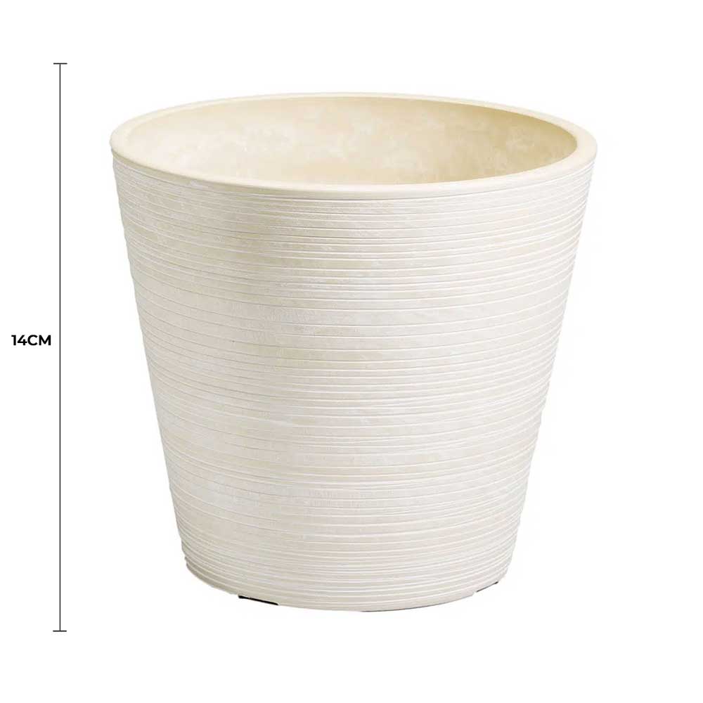 Cream and white engraved 14cm pot from Faux Flora, ideal for artificial plants in home or garden decor.