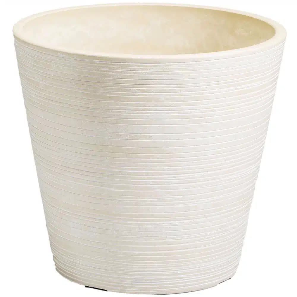 Cream and white engraved 17cm pot from Faux Flora, designed for artificial plants, featuring intricate engraved details.
