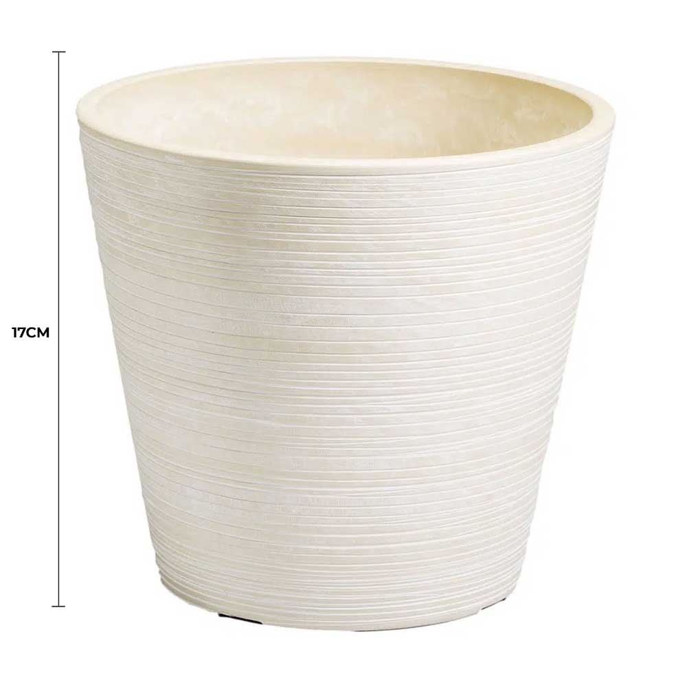 Cream and white engraved 17cm faux flora pot for home and garden, decorative planter with detailed design.