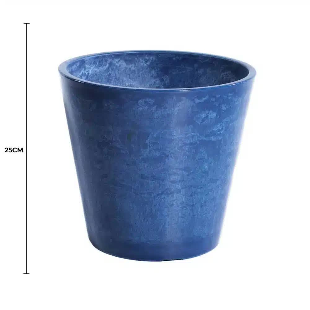 Glossy blue garden pot by Faux Flora, 25cm tall, suitable for artificial plants, with a shiny finish and modern design.